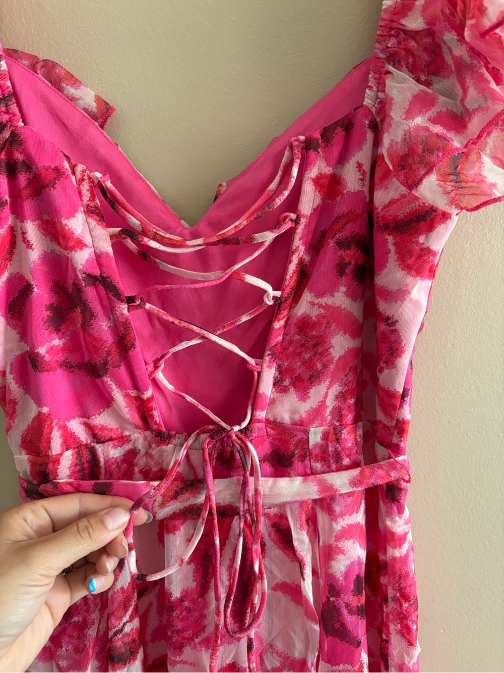 Lulus Sensationally Sweeter Bright Pink Floral Ruffled Maxi Dress Size Medium - Picture 13 of 13